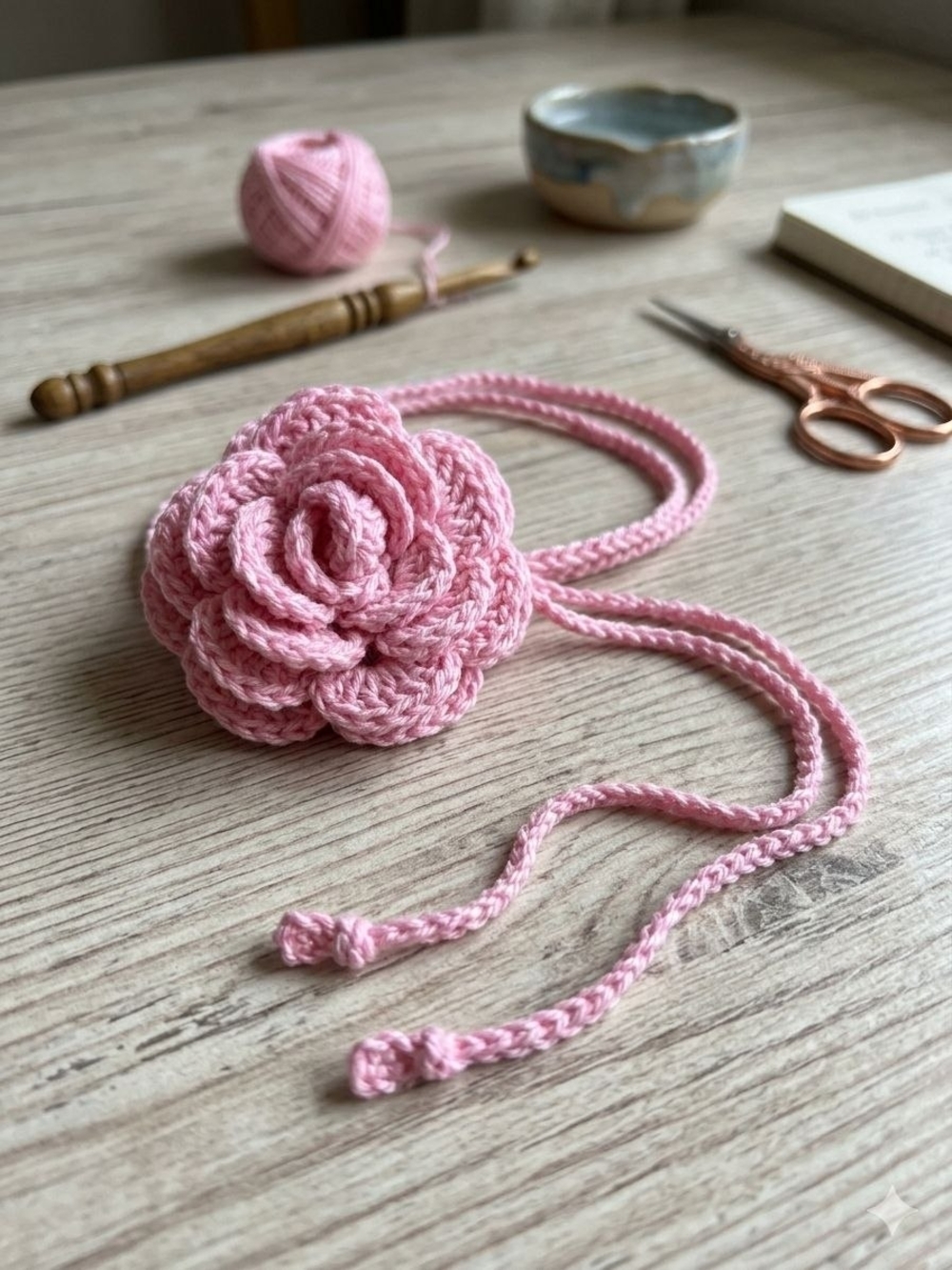Handmade Pink Crochet Flower Necklace - Women's Accessory